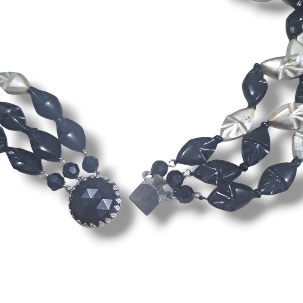 Vintage West Germany Black & Silver Acrylic Triple Strand Beaded Necklace 18" - Picture 7 of 7